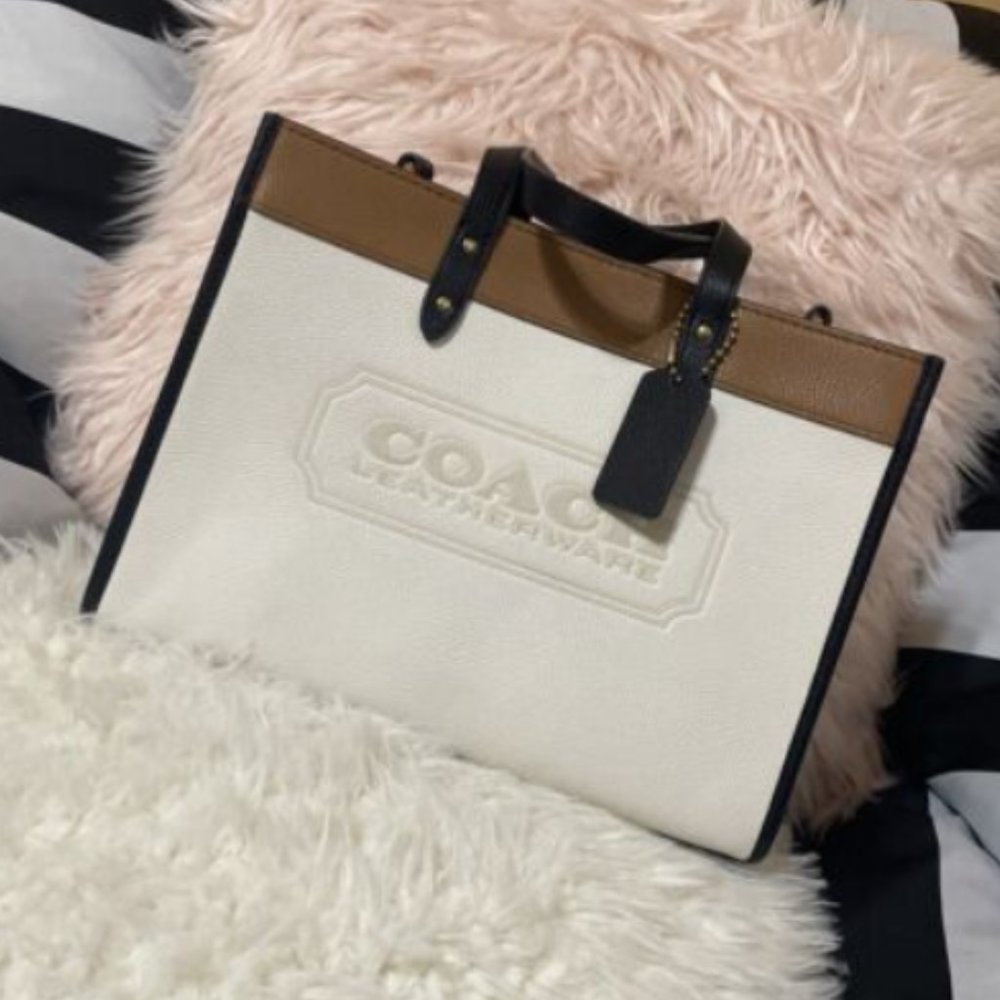 NEW Coach Field Tote 30 Brass/Chalk Multi C0777 In Colorblock With Coach Badge